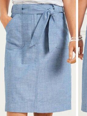 TALBOTS Tie Waist Utility BLUE Skirt WOMEN'S SIZE 14 Chambray WITH POCKETS *EUC*